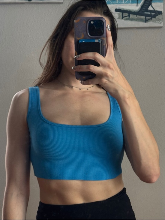 Tops - Blue Ribbed Square-Neck Cropped Tank Top
